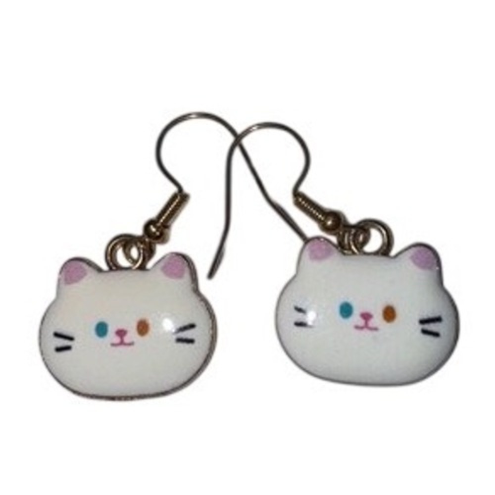 Cute Kitty White Cat‎ Face Earrings Goldtone Kawaii Jewelry New